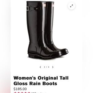 Tall, glossy, black Hunter Rain boots.
